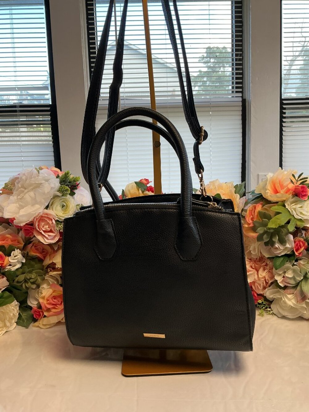 ALDO Black Pebbled Structured Satchel Removable Crossbody Strap